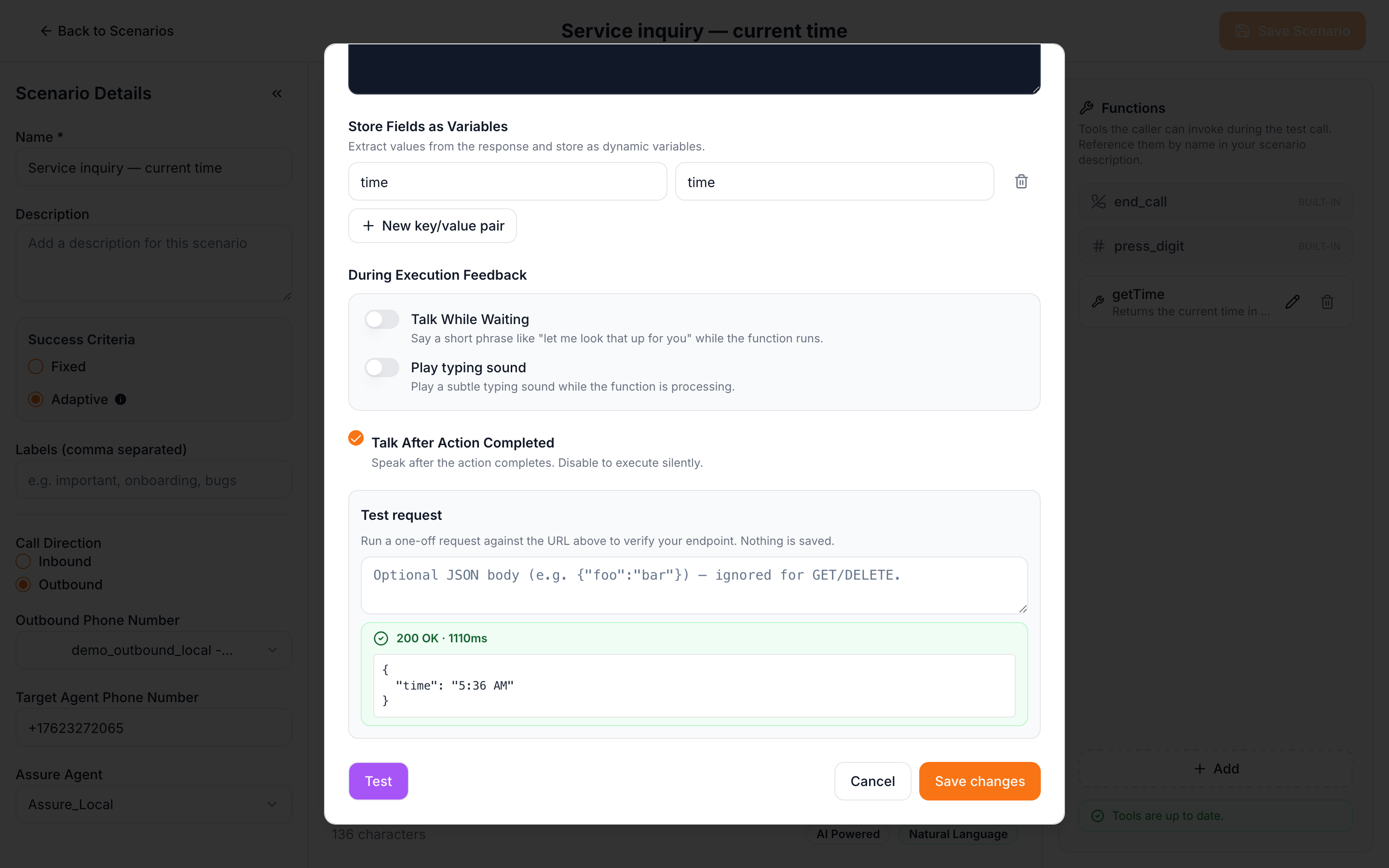 Test request result panel
